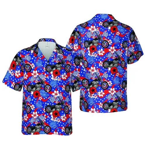 Biker Skull Hawaiian Chopper Motorcycle Design with Racing Flags & Red Star Helmets Short-sleeve Hawaiian Shirt