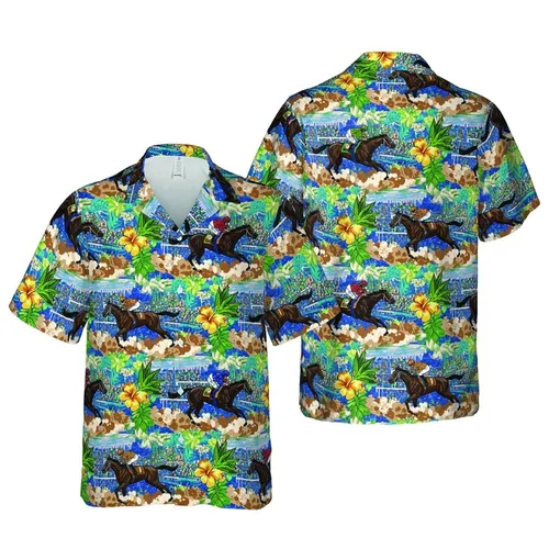 8K Resolution Hawaiian Race Tile: Jockeys, Horses, Grandstands, Spectators at Full Gallop Short-sleeve Hawaiian Shirt