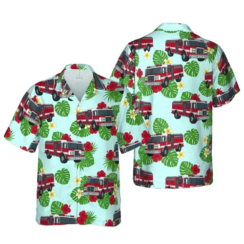 Fire Truck Enthusiast Red Engine Tropical Foliage Sky Blue Mosaic High Contrast Short-sleeve Hawaiian Shirt