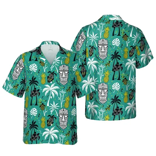 Hawaiian Tiki Masks Teal Design: Polynesian Black White Palm Trees Pineapple Gecko Short-sleeve Hawaiian Shirt