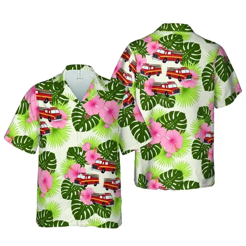 Red Fire Truck Hawaiian: Engine Monstera Hibiscus Cream Sublimation Fabric Pattern Short-sleeve Hawaiian Shirt