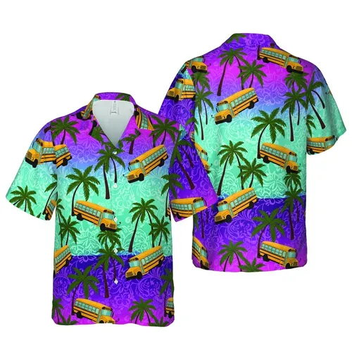 Yellow School Bus Palm Tree: Hawaiian Tropical Teal Fuchsia Purple Gradient Print Short-sleeve Hawaiian Shirt