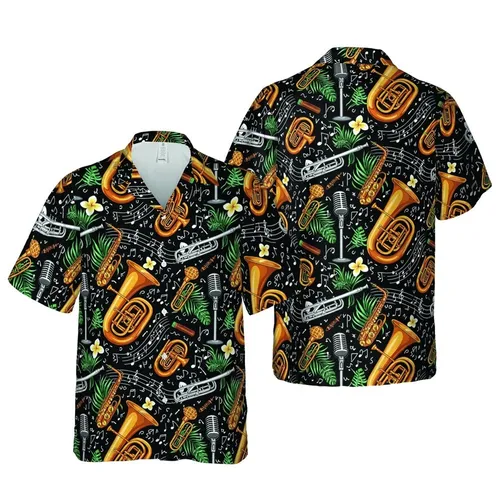 Musician's Hawaiian Copper Sax Golden Tuba Black Music Stave Fabric Print Short-sleeve Hawaiian Shirt