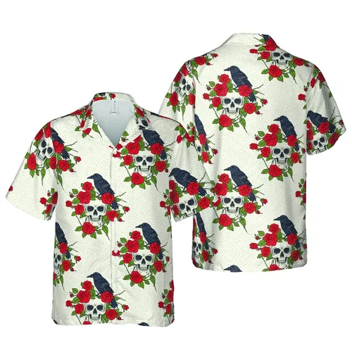 Hawaiian Skull Raven Rose Pattern: Intricate Botanical Vine & Red Flower Design Short-sleeve Hawaiian Shirt