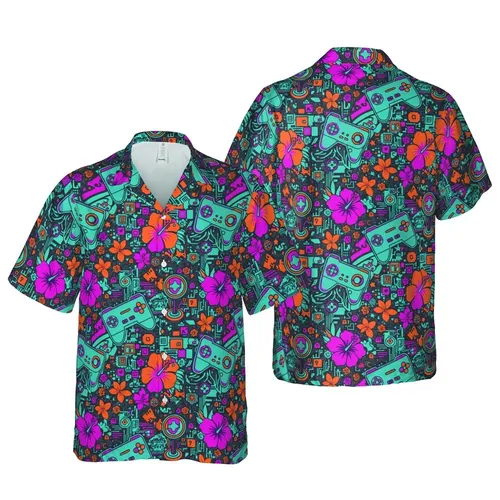 Gamers Hawaiian Video Game Controller Pattern Retro Pixel Art Circuit Board Design Short-sleeve Hawaiian Shirt