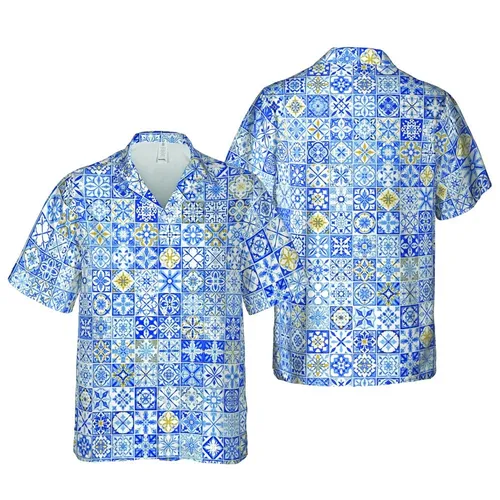 White Blue Golden Hawaiian Tile Geometric Floral Quatrefoil Cross Pattern Short-sleeve Hawaiian Shirt