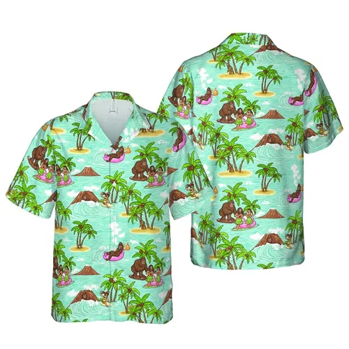 Bigfoot Gorilla Surfing Hula Pink Flamingo Hawaiian Ocean Island Seamless Pattern Short-sleeve Hawaiian Shirt