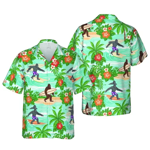 Bigfoot Surfer Sasquatch Hawaiian Island Beach Palm Tree Hibiscus Ocean Scene Short-sleeve Hawaiian Shirt