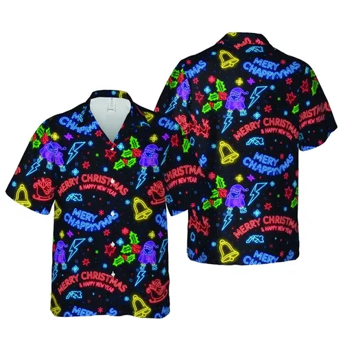Neon Tropical Santa Sleigh Reindeer Glowing Christmas Bells Holly Stars Lightning Short-sleeve Hawaiian Shirt