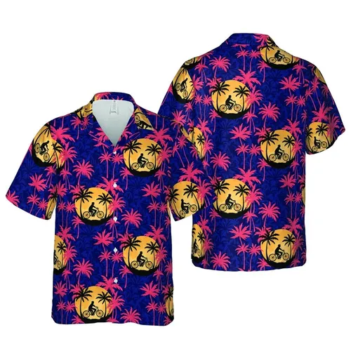 Hawaiian Bicycle Moon Rider & Coral Palm Tree Navy Orange-Yellow Fabric Design Short-sleeve Hawaiian Shirt
