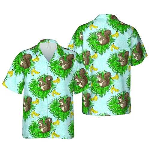 Realistic Grey Squirrels Hawaiian Pattern Palm Bananas Sky Blue 8K Design Short-sleeve Hawaiian Shirt