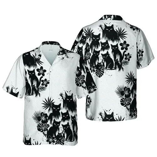 Cat Lover's Stylized Ink-Blot Feline Design, Black White High Contrast Short-sleeve Hawaiian Shirt