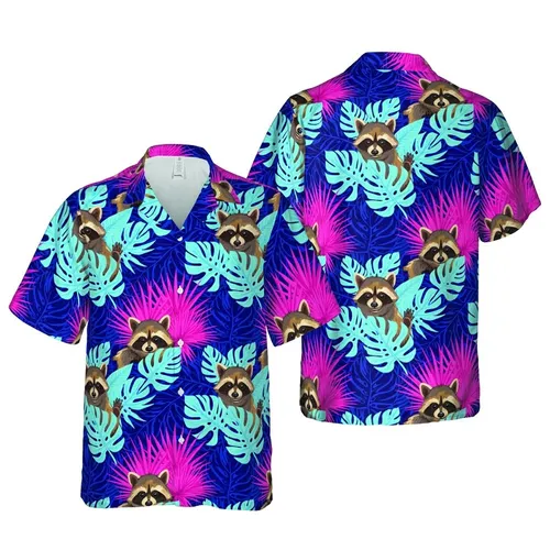 Expressive Raccoons: Broad-Leaf Tropical Foliage Aqua Magenta Blue Pattern Short-sleeve Hawaiian Shirt