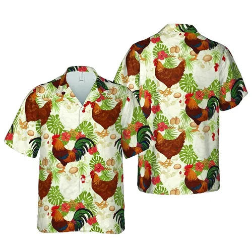 Rooster Hen Fowl Scene: Hawaiian Tropical Chickens, Eggs, Mottled Beige Ground Short-sleeve Hawaiian Shirt