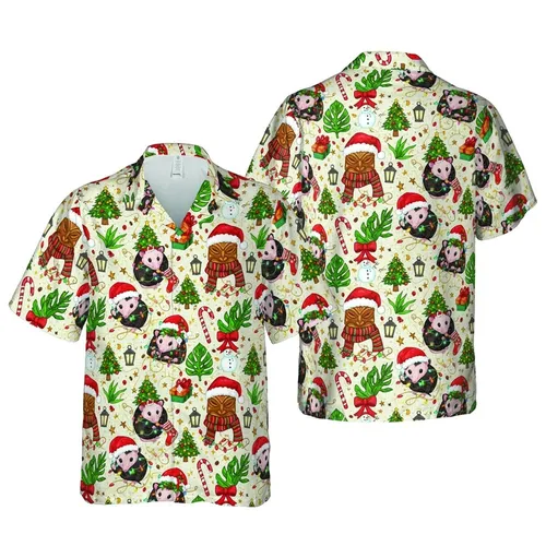Opossum Tiki Hawaiian Christmas: Santa Hats, Reindeer Antlers, Gold Canvas Short-sleeve Hawaiian Shirt