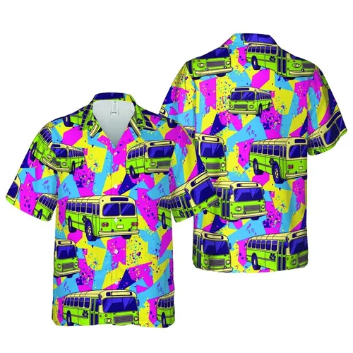 Vintage City Bus Pop Art Pattern: Lime Green Purple Geometric Mosaic Tropical Print Short-sleeve Hawaiian Shirt