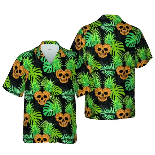 Golden Pineapple Skull & Green Fronds: Palmetto Monstera Leaves, Dark Black Background Short-sleeve Hawaiian Shirt