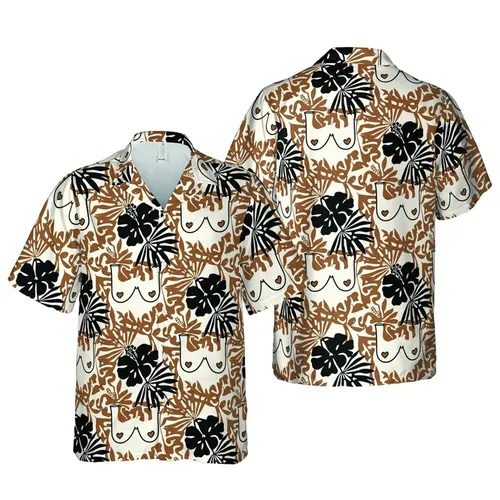 Body Positive Minimalist Breast Outline Hawaiian Botanical Cream Black Seamless Design Short-sleeve Hawaiian Shirt