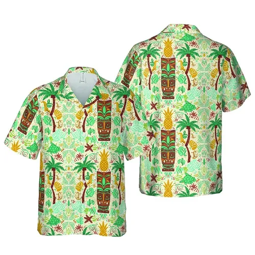 Hawaiian Tiki Totem Pineapple Tribal Pattern with Palm & Sea Turtles Mosaic Short-sleeve Hawaiian Shirt