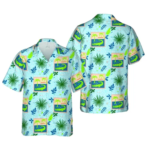 Green Alligator Hawaiian Design: Teal Pools, Peach Frame, Palm Fronds, Geometric Details Short-sleeve Hawaiian Shirt