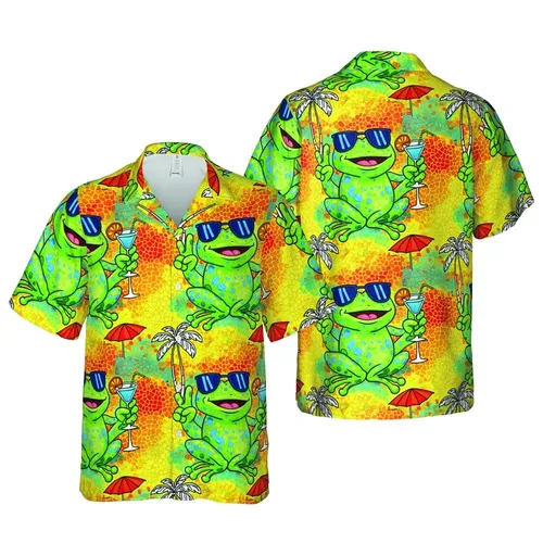 Speckled Frog Sunglasses Cocktail Peace Sign Palm Tree Hawaiian Pattern Design Short-sleeve Hawaiian Shirt