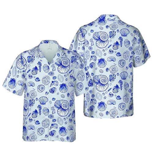 Intricate Seashell Line Art Fabric Design: Navy Blue White Cerulean Pattern Short-sleeve Hawaiian Shirt