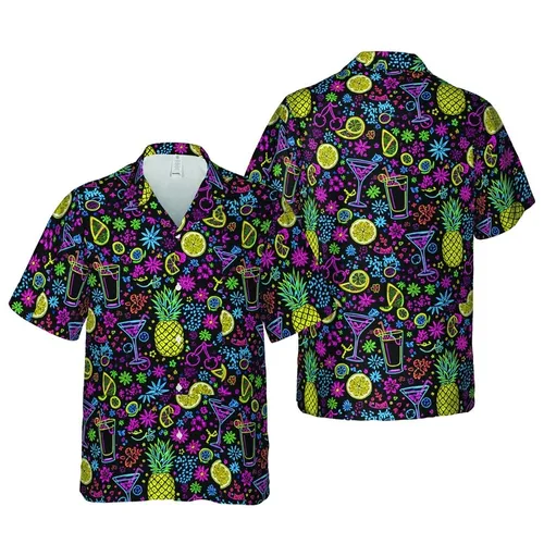 Hawaiian Neon Cocktail Pattern: Pineapple, Cherry, Citrus Slices, Starburst Sublimation Design Short-sleeve Hawaiian Shirt