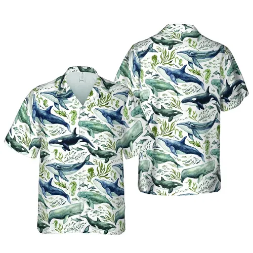 Hawaiian Whale Pattern: Humpback Sperm Killer Whales Soft Watercolor Marine Fabric Print Short-sleeve Hawaiian Shirt