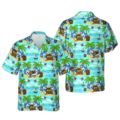 Pirate Shark Hawaiian Pattern: Tropical Ocean, Palm Trees, Plumeria, Galleons Short-sleeve Hawaiian Shirt
