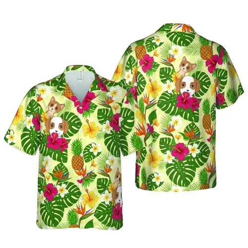 Pet & Family Tropical Paradise: Human Pet Faces Pineapple Hibiscus Monstera Custom Tropical Design Short-sleeve Hawaiian Shirt