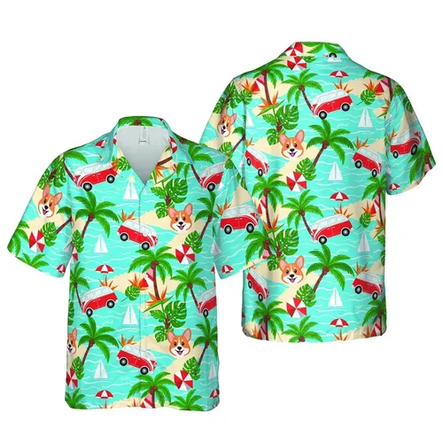Corgi Lover's Hawaiian Surf Van Ocean Beach Palm Textile Print Short-sleeve Hawaiian Shirt