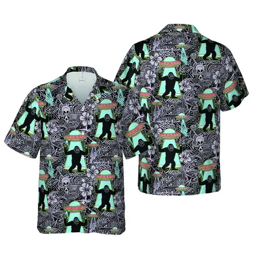Cryptid Alien Explorer: Retro Cartoon Bigfoot UFO Tropical Fabric Art Short-sleeve Hawaiian Shirt