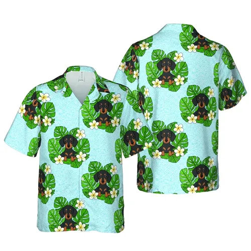 Dachshund Lovers: Cute Hawaiian Puppy & Tropical Leaf Plumeria Sky Blue Design Short-sleeve Hawaiian Shirt