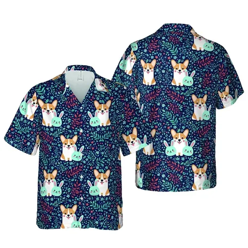 Cute Fawn Corgi Dog Hawaiian Tropical Bunny Ears Star Flower Navy Blue Motif Short-sleeve Hawaiian Shirt