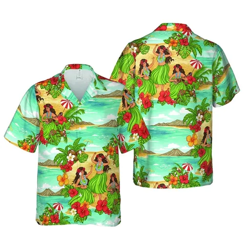 Colorful Hawaiian Hula Dancers, Ukuleles, Palm Trees & Island Beach Pattern Short-sleeve Hawaiian Shirt