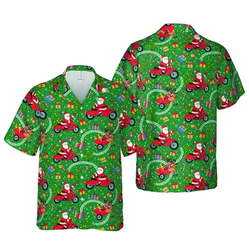 Hawaiian Santa Motorcycle Pattern: Reindeer, Gifts, Snow Tracks, Emerald Green Design Short-sleeve Hawaiian Shirt