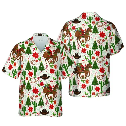 Santa Cowboy Horse Christmas Hawaiian Saguaro Cactus Poinsettia Holly Print Short-sleeve Hawaiian Shirt