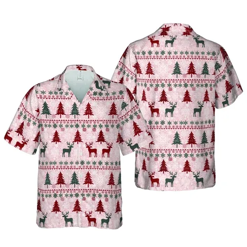 Hawaiian Dark Red Charcoal Reindeer Pine Tree Snowflakes Starburst Tile Design Short-sleeve Hawaiian Shirt