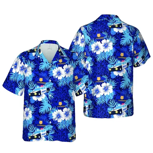 Law Enforcement Tribute: White Patrol Car, Blue Hibiscus, Gold Badge Tropical Foliage Short-sleeve Hawaiian Shirt