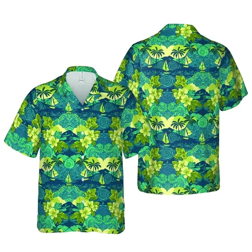 Coastal Explorer Hawaiian Palm Tree Sailboat Sun Ocean Wave Botanical Pattern Short-sleeve Hawaiian Shirt