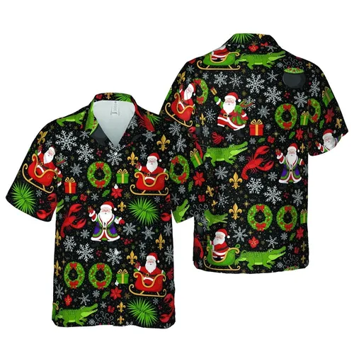 Santa Claus Lobster Alligator Tropical Design Tile with Mardi Gras Robe & Fleur-de-Lis Short-sleeve Hawaiian Shirt