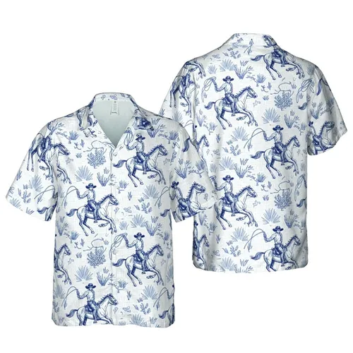 Western Riders Galloping Cowboy Horse Lasso Hawaiian Desert Flora White Blue Slate Short-sleeve Hawaiian Shirt