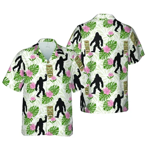 Bigfoot Sasquatch Hawaiian Tiki: Palm Frond Hibiscus White Mosaic Pattern Short-sleeve Hawaiian Shirt