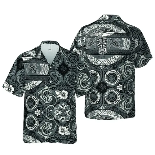 Polynesian Tribal Shark Sea Turtle Tiki Mask Fabric Art, Geometric Swirls Mosaic Print Black White Grey Short-sleeve Hawaiian Shirt