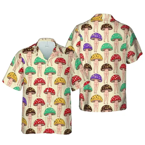Anthropomorphic Mushroom Ladies Dynamic Legs Seamless Tropical Hawaiian Pattern Short-sleeve Hawaiian Shirt