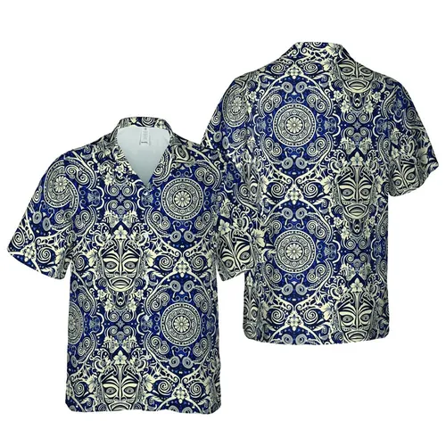 Polynesian Tribal Mask Shark Ray Seahorse Intricate Swirl Pattern Navy Cream Beige Short-sleeve Hawaiian Shirt
