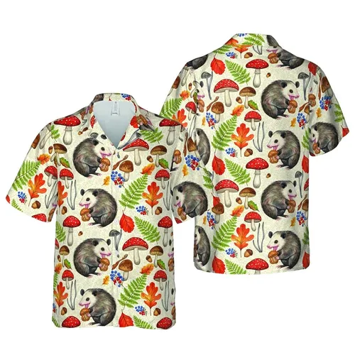 Opossum Mushroom Watercolor: Hawaiian Wildlife Autumn Foliage All-Over Pattern Short-sleeve Hawaiian Shirt