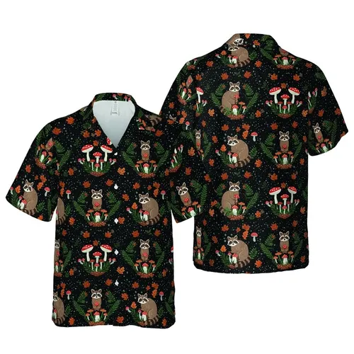 Raccoons Mushroom Forest Night Tropical Pattern with Autumn Leaves & Light Specks Short-sleeve Hawaiian Shirt