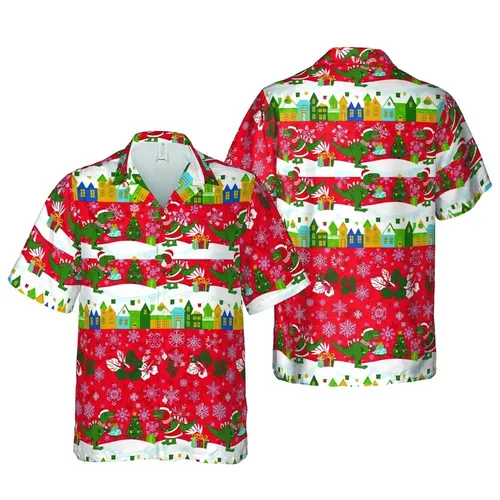 Christmas T-Rex Raptor Dinosaurs Hawaiian Snow Village Red Snowflake Design Short-sleeve Hawaiian Shirt
