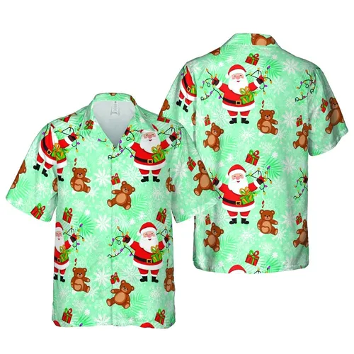 Christmas Santa Tropical Design: Lights Gifts Teddy Bears Snowflakes Aquamarine Red Green Brown Short-sleeve Hawaiian Shirt